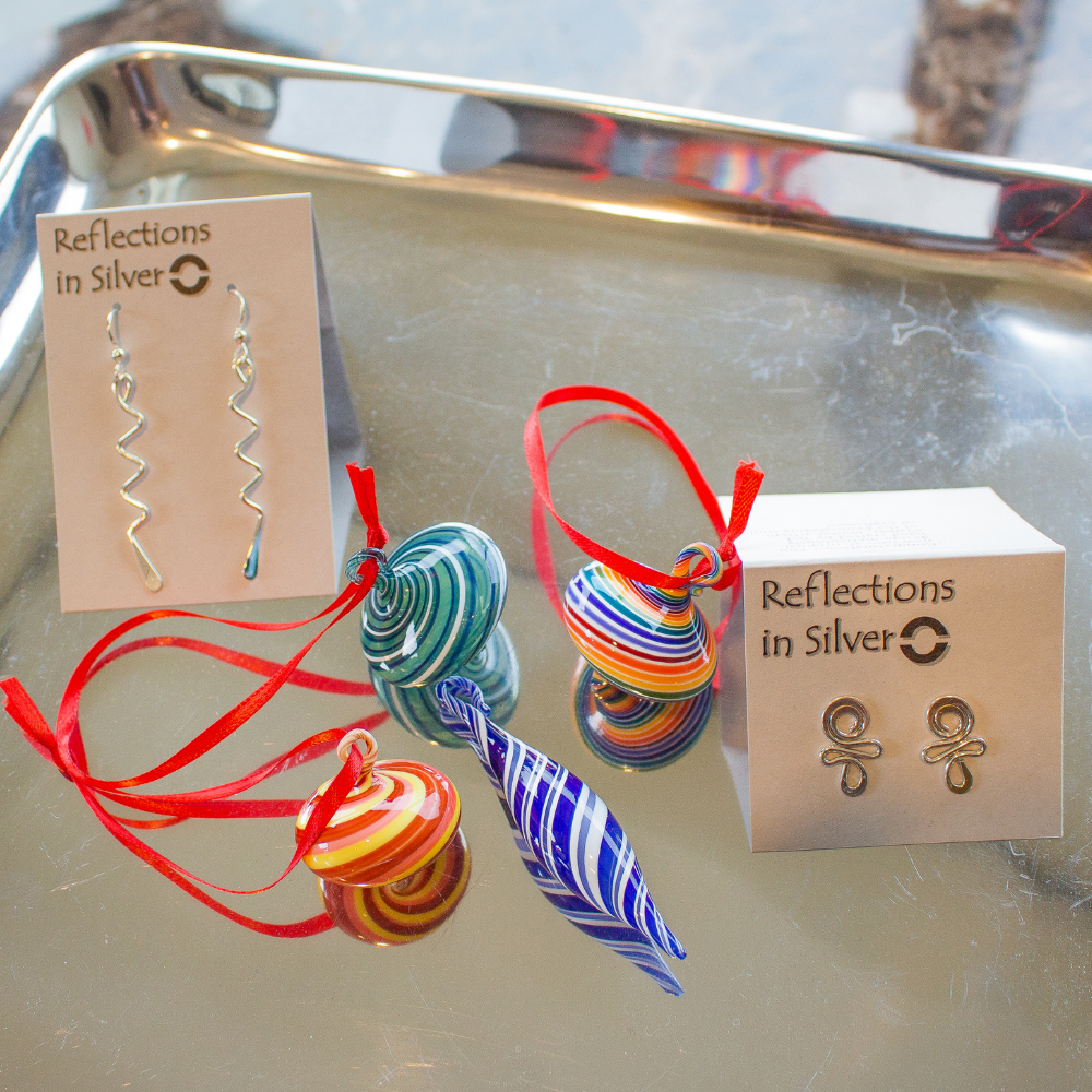 Ted Walker silver earrings: Made in Mechanicsburg, PA | Theo Keller glass blown ornaments: Made in Pittsburgh, PA